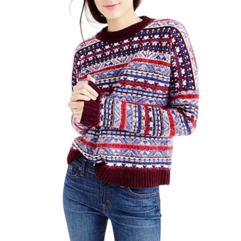 NWT J Crew Fair Isle Relaxed Sweater in Burgundy Sz XXXS
